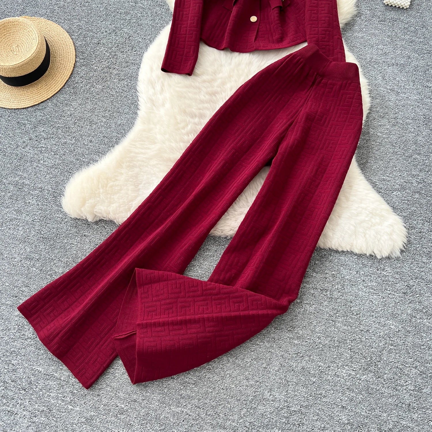 Knitted Long Sleeve Tops+Wide Trousers  Two Pieces Set