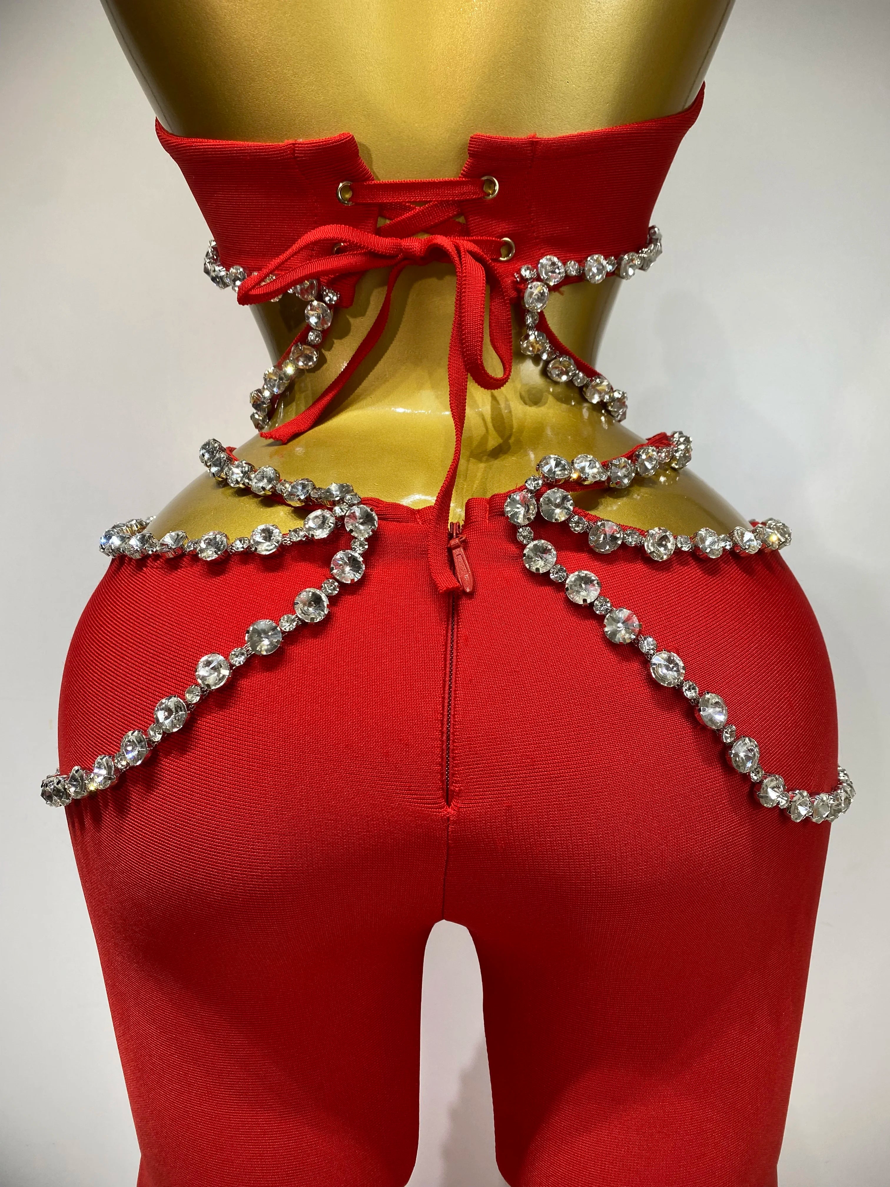 Luxury Rhinestone Cut Out Two Piece Pants And Top Bandage Set