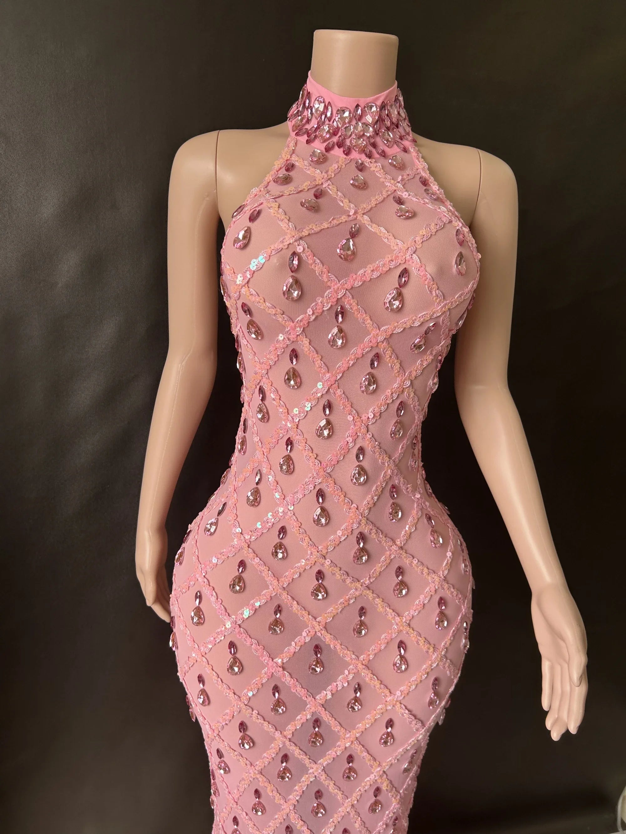 Prom Birthday Dress Transparent Rhinestone Sequins Dress