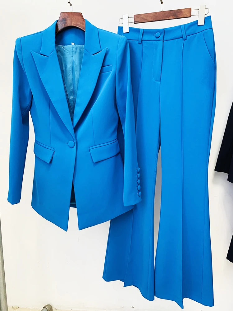 High Street Runway Suit Set Single Button Slim Fit Blazer Flare Pants Suit two-pieces