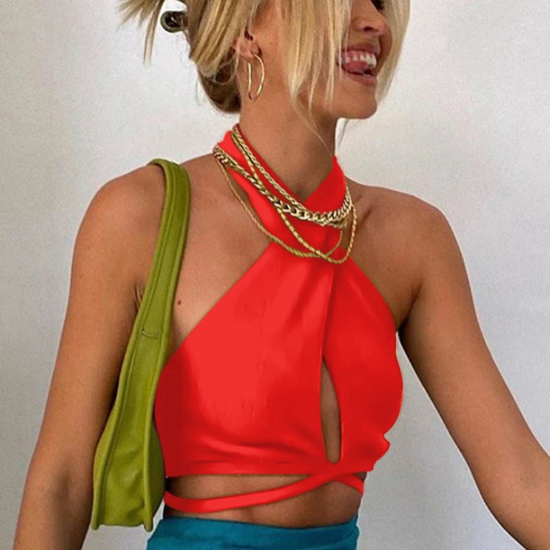 Off Shoulder Cross Wrap Halter Crop Tops