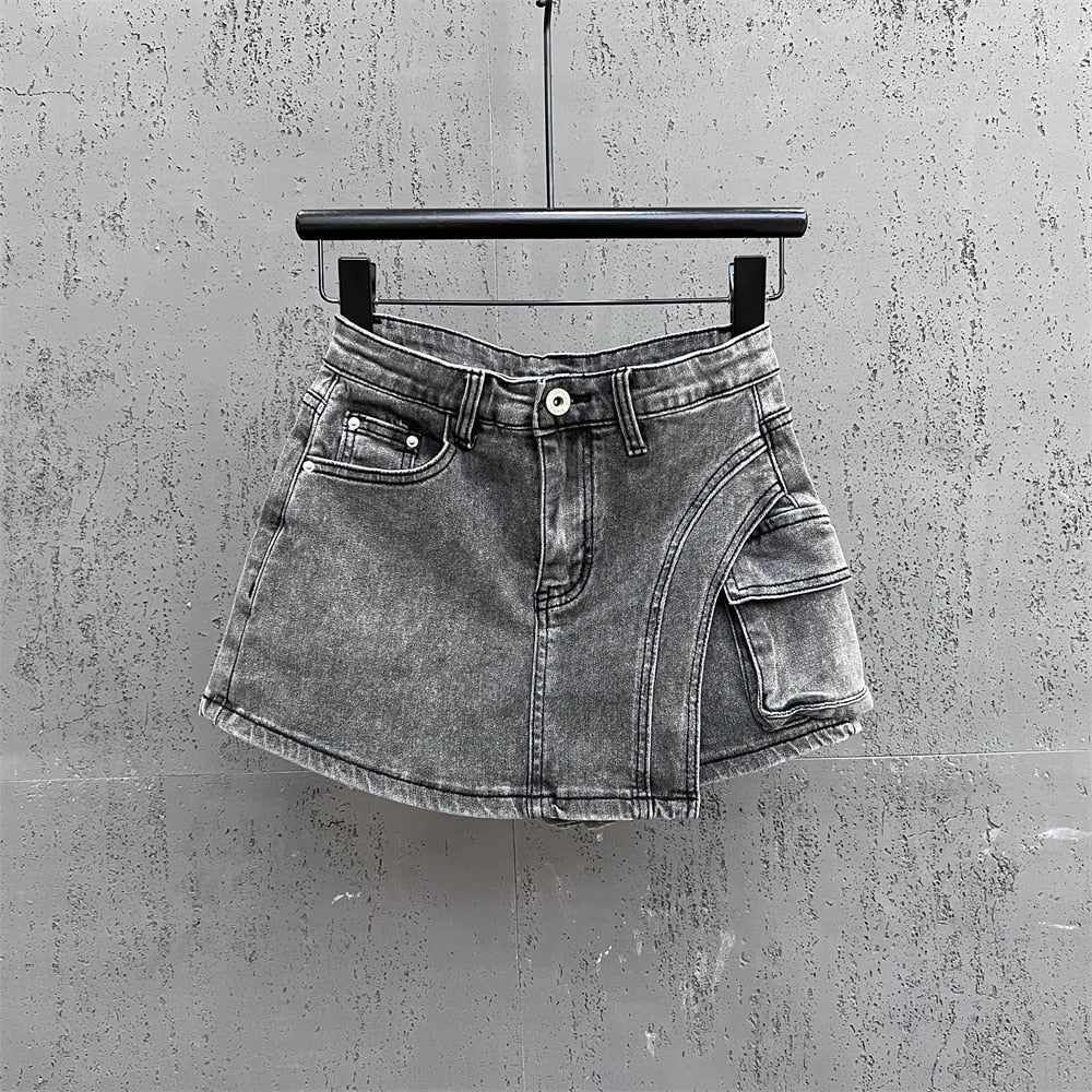 Denim Big Pockets Cargo High Waist Short A-line Mini Skirt