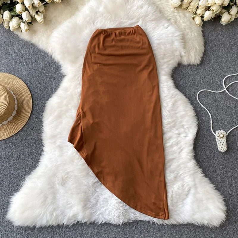 Draped Irregular Lace up Drawstring Folds Midi Skirt
