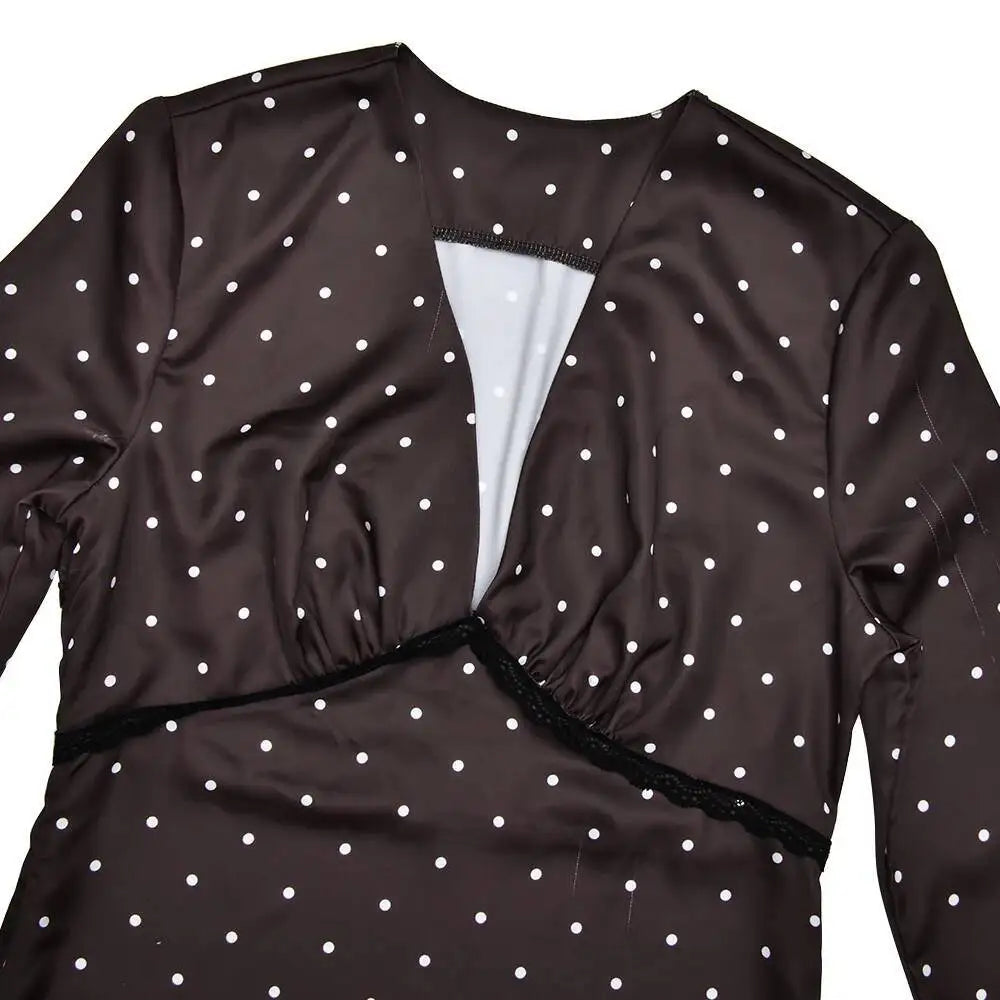 Polka Dot Long Sleeve Patchwork Lace Maxi Dress