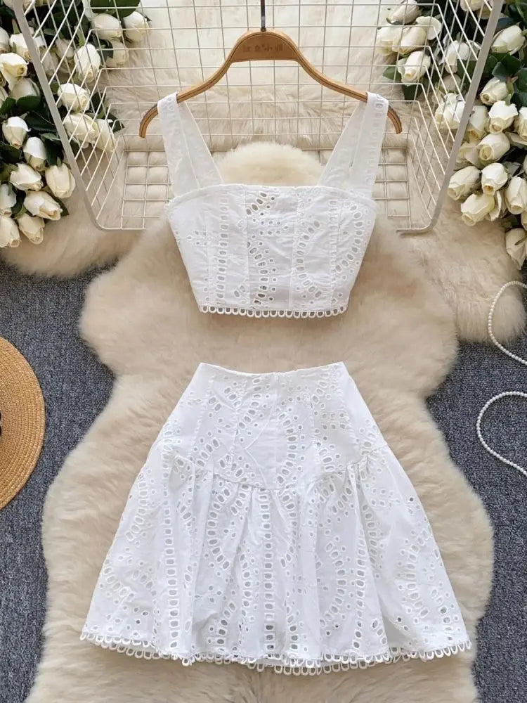 Y2k Elastic Backless Crop Top + High Waist Mini Skirts Hollow Out Two Piece Set