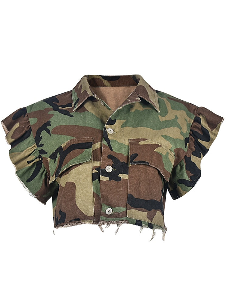 Turn-down Collar Butterfly Sleeve Single Breasted Camouflage Print Short Coat