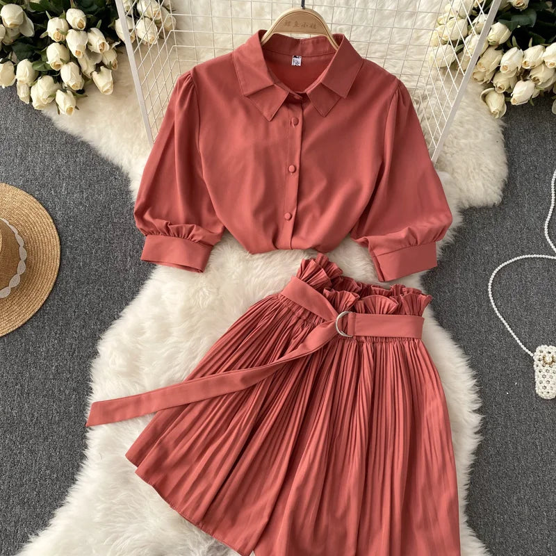 Puff Short Sleeve Shirt+Pleated A-line Short Skirt Two Piece Set