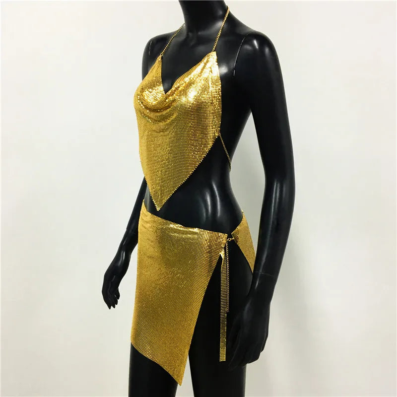 Metal Sequins 2 Piece Set Backless Halter Tank Tops Split Mini Skirts