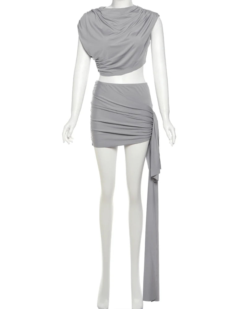 Irregular Ruched Two Piece Set Tank Tops+Side Ribbon Skirts Matching Set