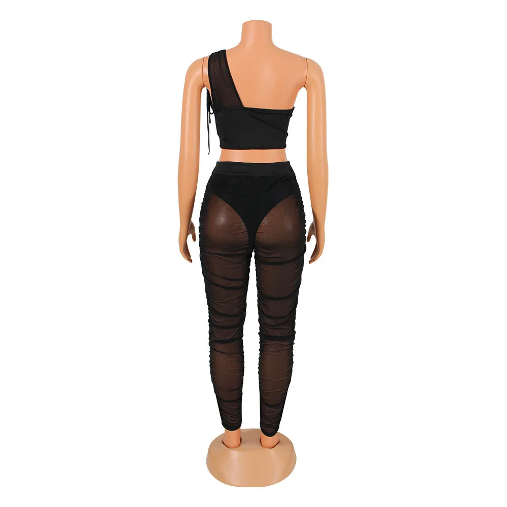 See Though Mesh One Shoulder Sleeveless Crop Top and Stacked Pants Suit Set