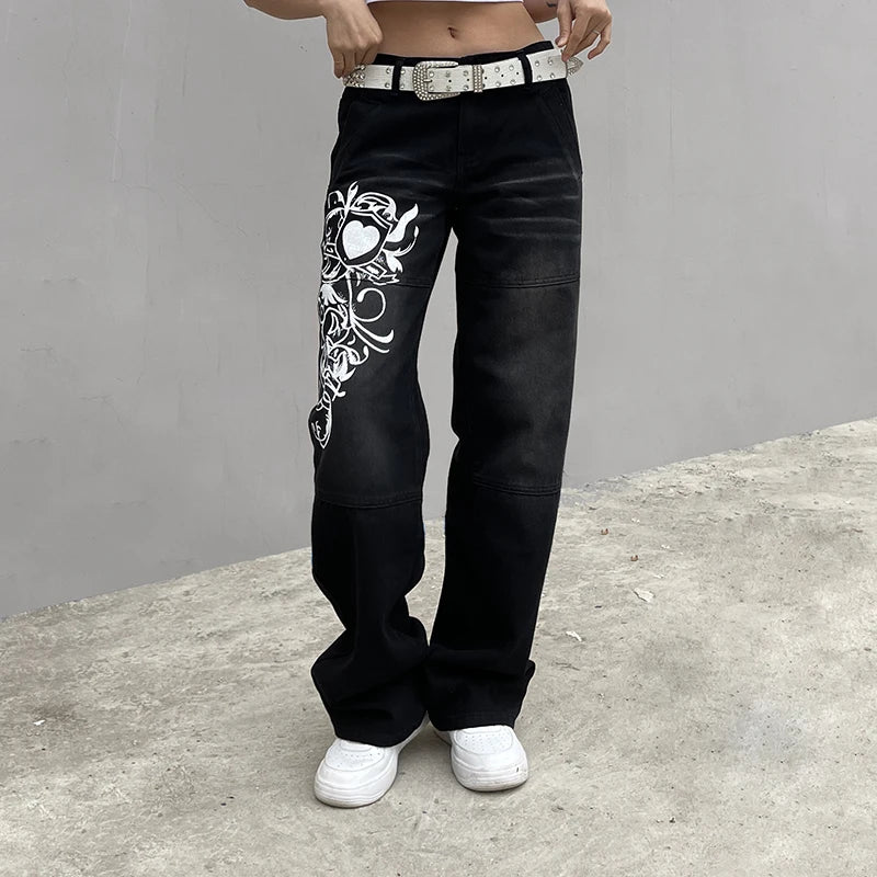 printed Cargo Jeans Y2K High Waist Streetwear Baggy Straight wide leg jeans