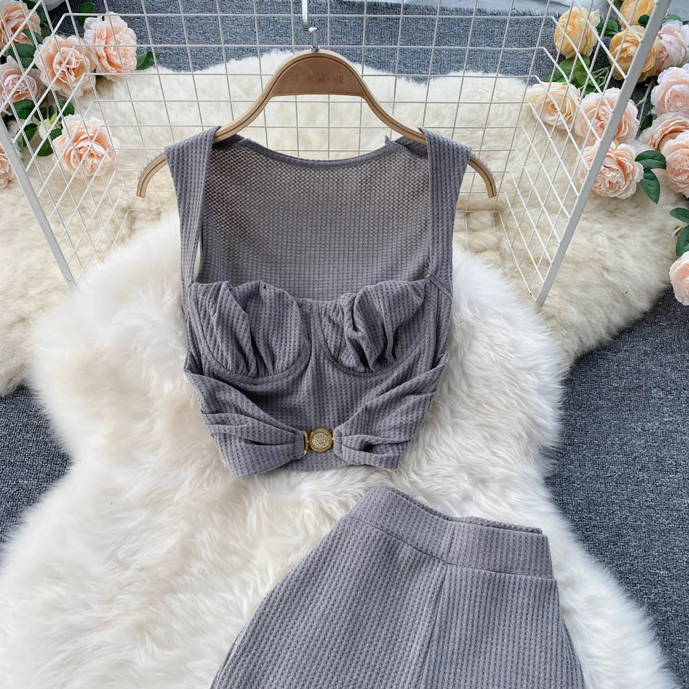 Casual Waffle Set sleeveless Short Top+Versatile High Waist Flare Pants Two Piece Sets