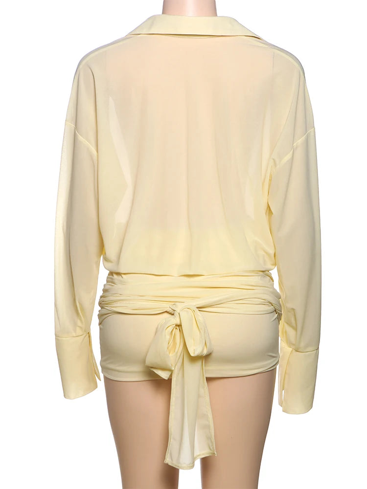 See Through Patchwork Single-Breasted Cross Bandage Tassel Bodycon Dress