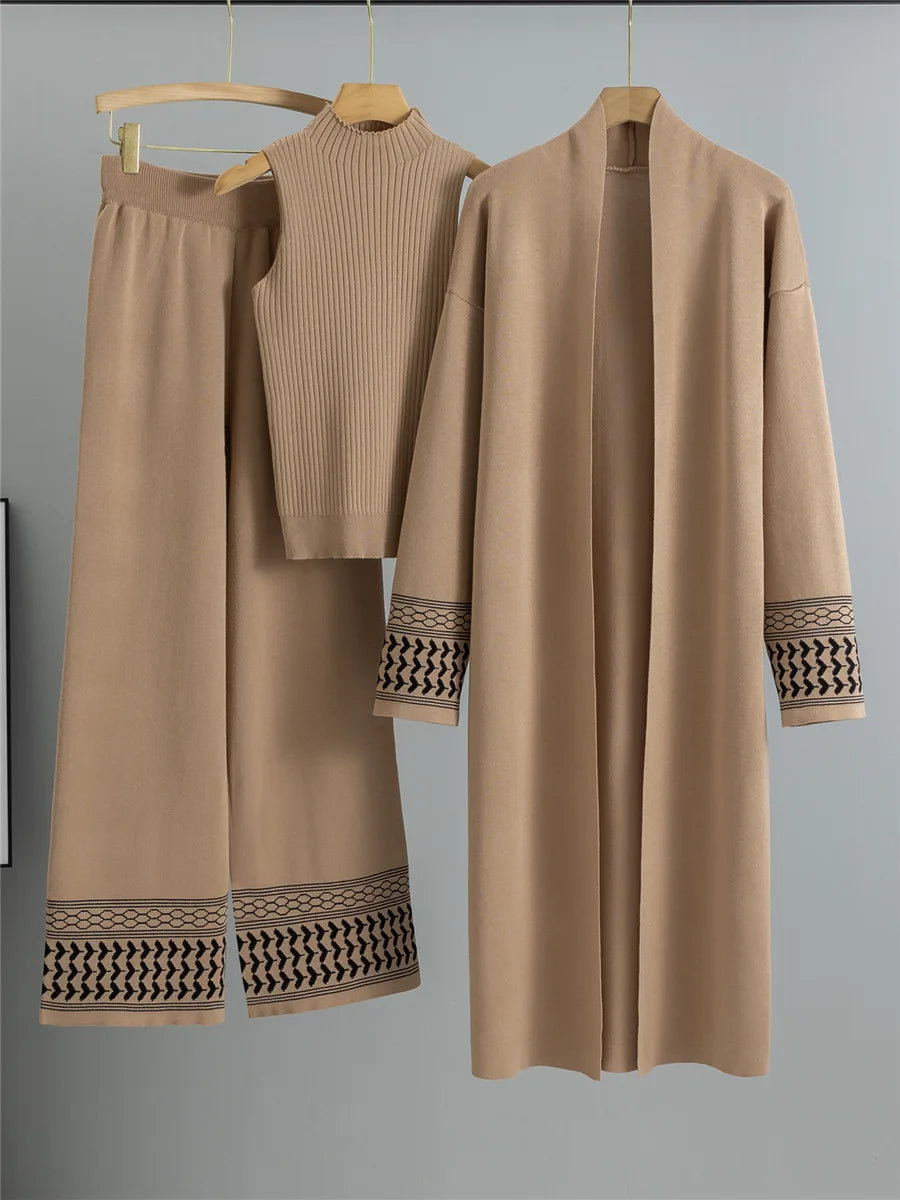 Elegant Knitted 3 Piece Sets Knit Vest Sweater Long Cardigan Tops Conjuntos High Waist Wide Leg Pants Outfit