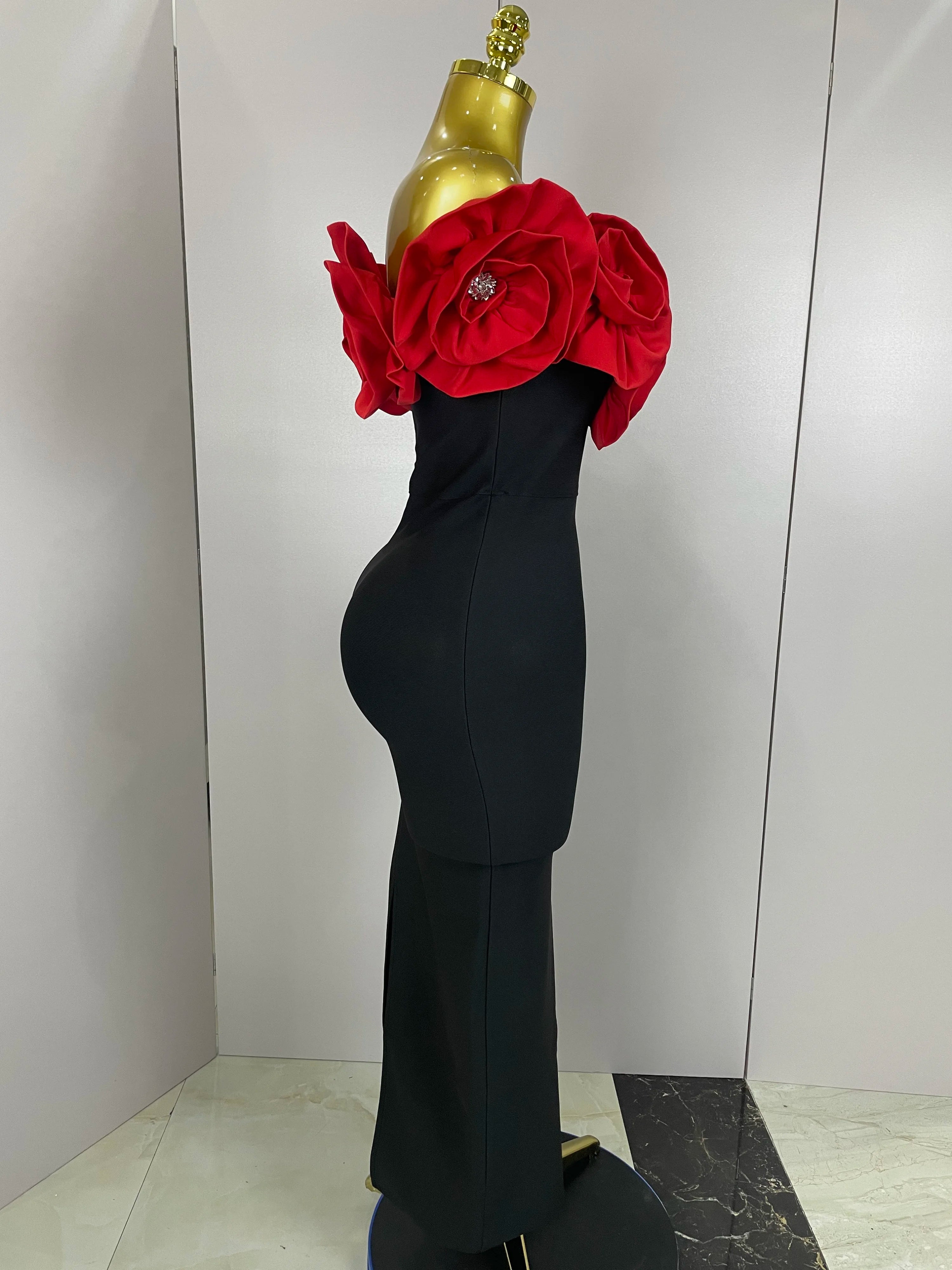 Stereoscopic Flowers Off The Shoulder Ankle Length Bandage Dress