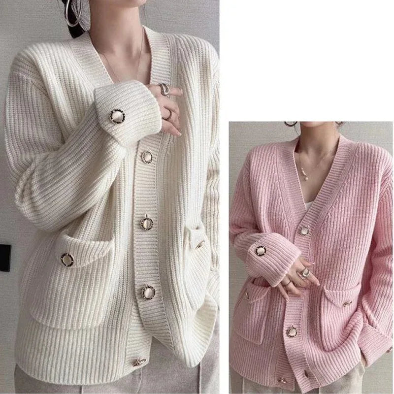 Casual Button Pocket Knitted Cardigan Autumn Winter Korean Fashion