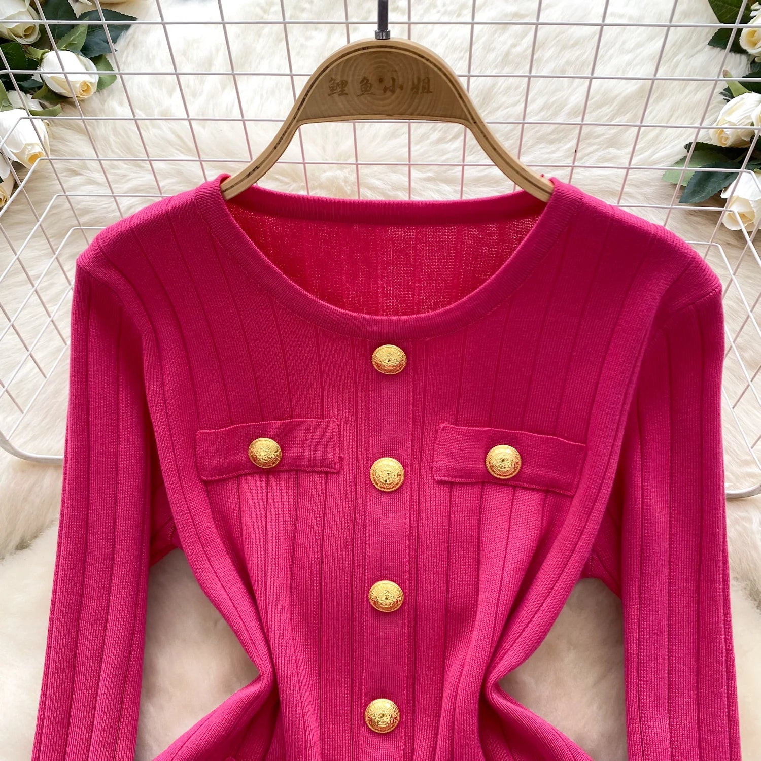 Long Sleeves Chic Buttons Pullovers+Elastic Long Pants Vintage Two Pieces Sets