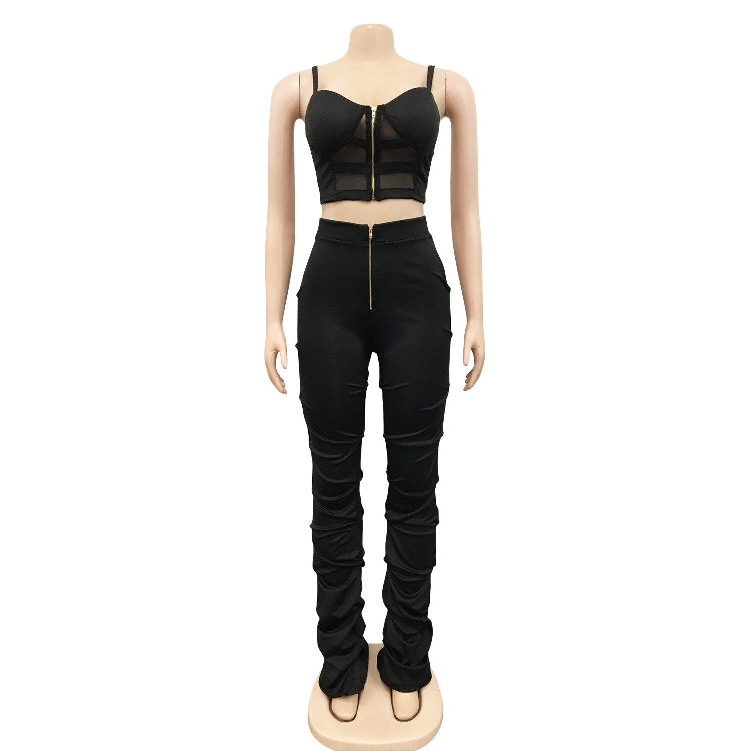 Mesh Patchwork Crop Tops and Stacked Ruched Pants Two piece Set