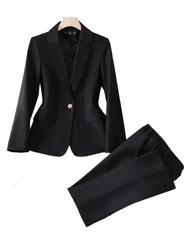 Two Piece Sets Turn Down Collar Single Button Blazer Office Ladies Casual Solid Pant Suits