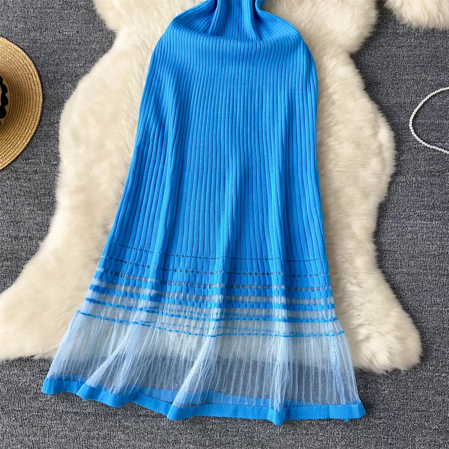 Elegant Stripe Knit Short Sleeves Mesh Patchwork Long Dress