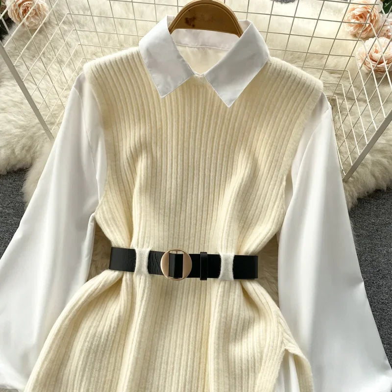 Luxury Style Loose-fit Long Sleeve White Shirt Side Slit Knit Vest 2-piece Set