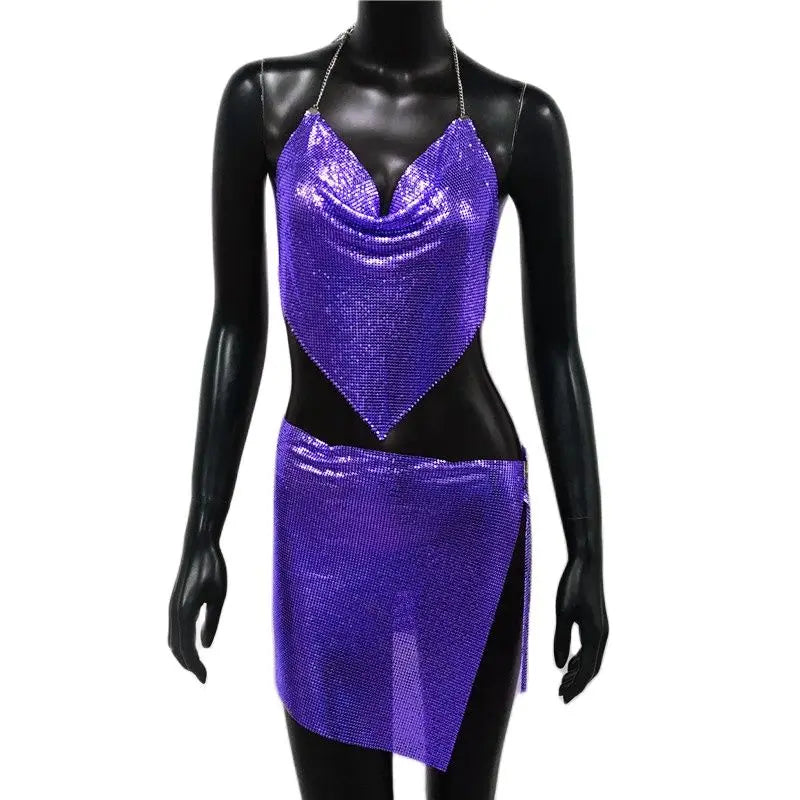 Metal Sequins 2 Piece Set Backless Halter Tank Tops Split Mini Skirts