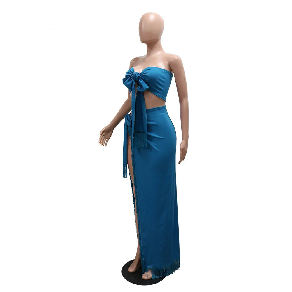 Strapless Crop Top + Ruched Split Tassel Long Skirts Two Piece Sets