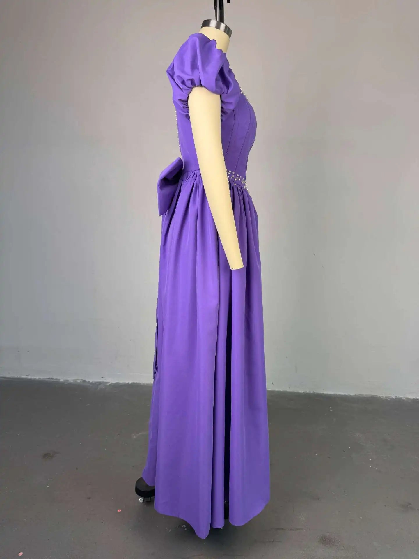 Pleated  Maxi Long A Line Puff Sleeve High Waist Dress