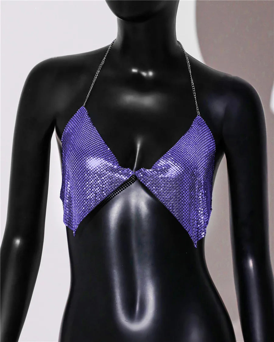 Metal Sequins Backless Halter Crop Top