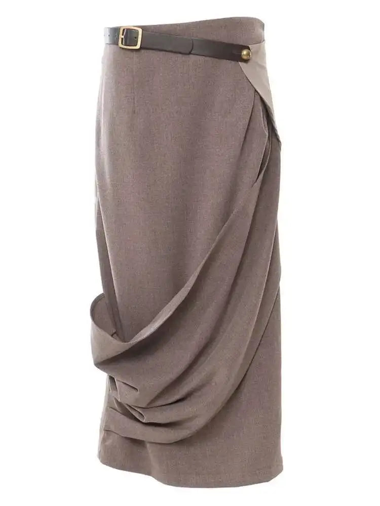 French Niche Asymmetrical High Waist Spliced Belt Solid Slim Skirt