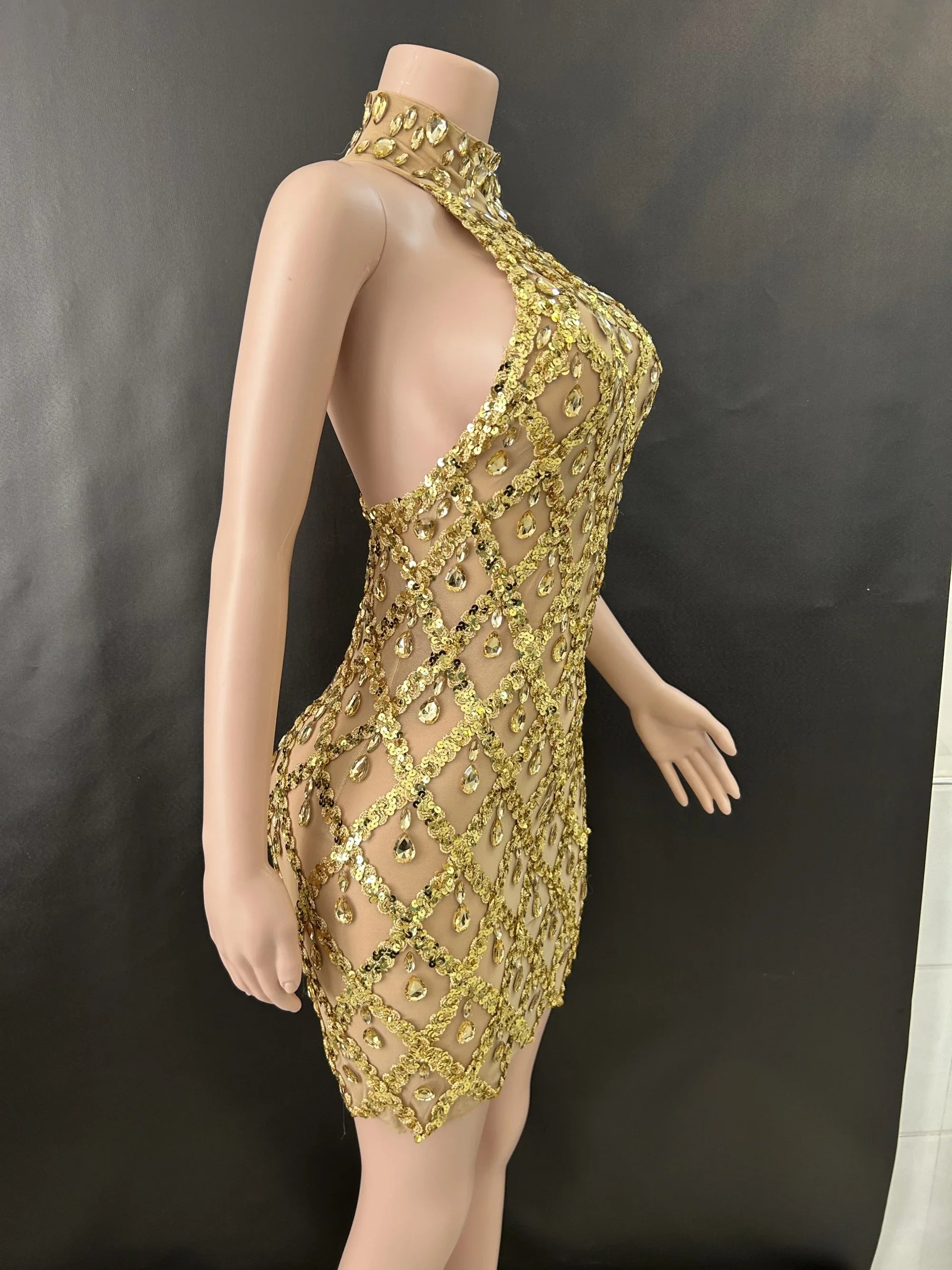 Prom Birthday Dress Transparent Rhinestone Sequins Dress