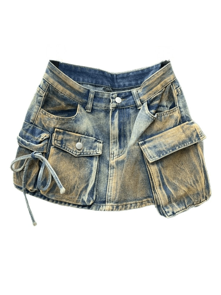 Denim Patchwork Washed Lace-up Cargo A-line Mini Skirt