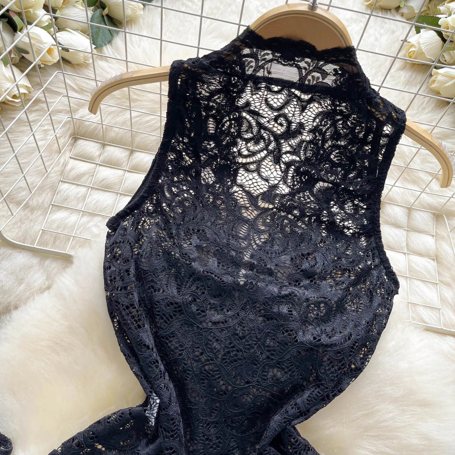 Hollow Out Lace Sleeveless Mesh Playsuit Bodysuit