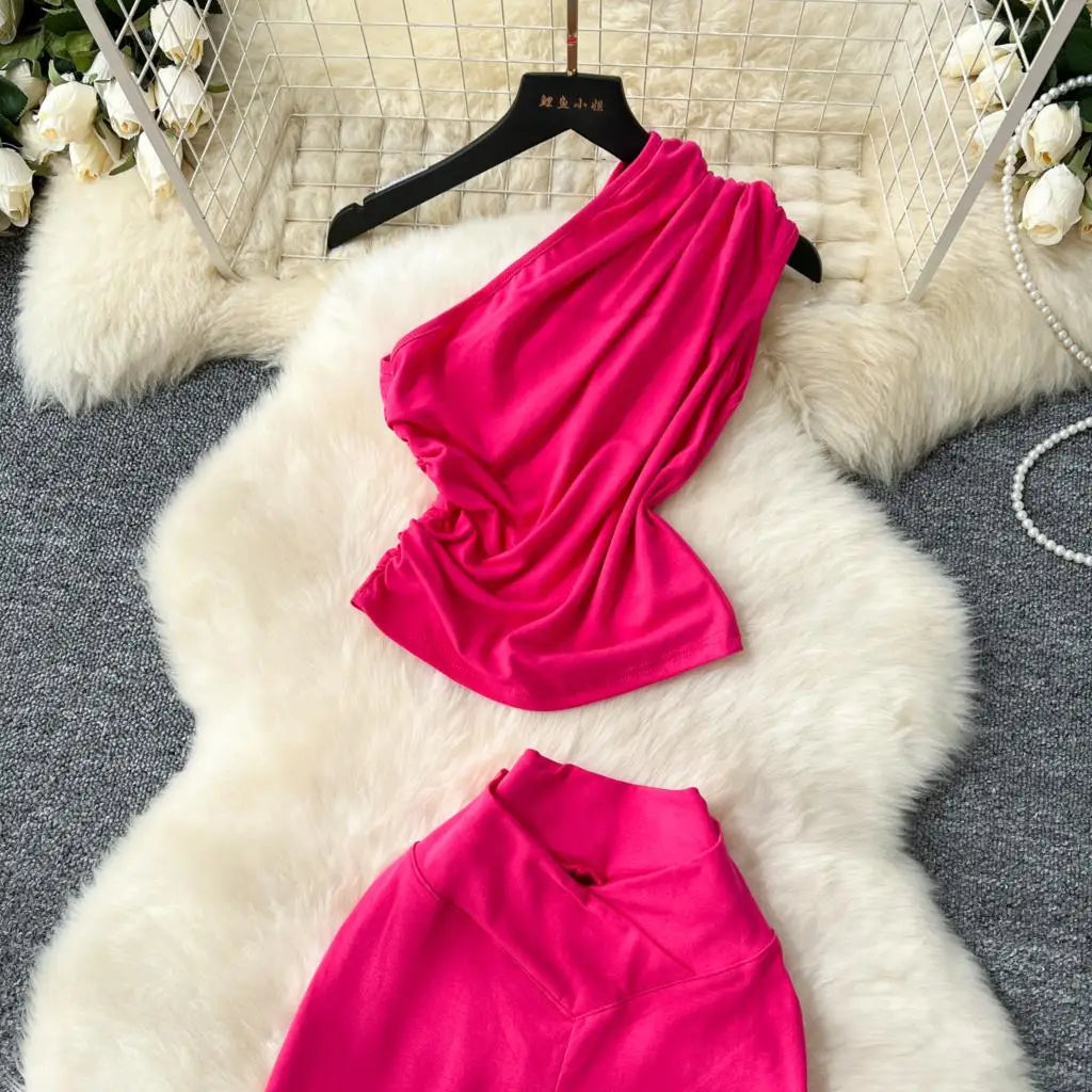 Two Pieces Sets Elegant Chic Skew Collar Pleated Tops + High Waist Flare Casual Pants  Outfits