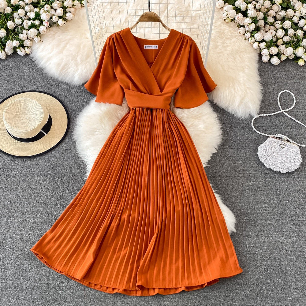 V-neck Pleated Dress