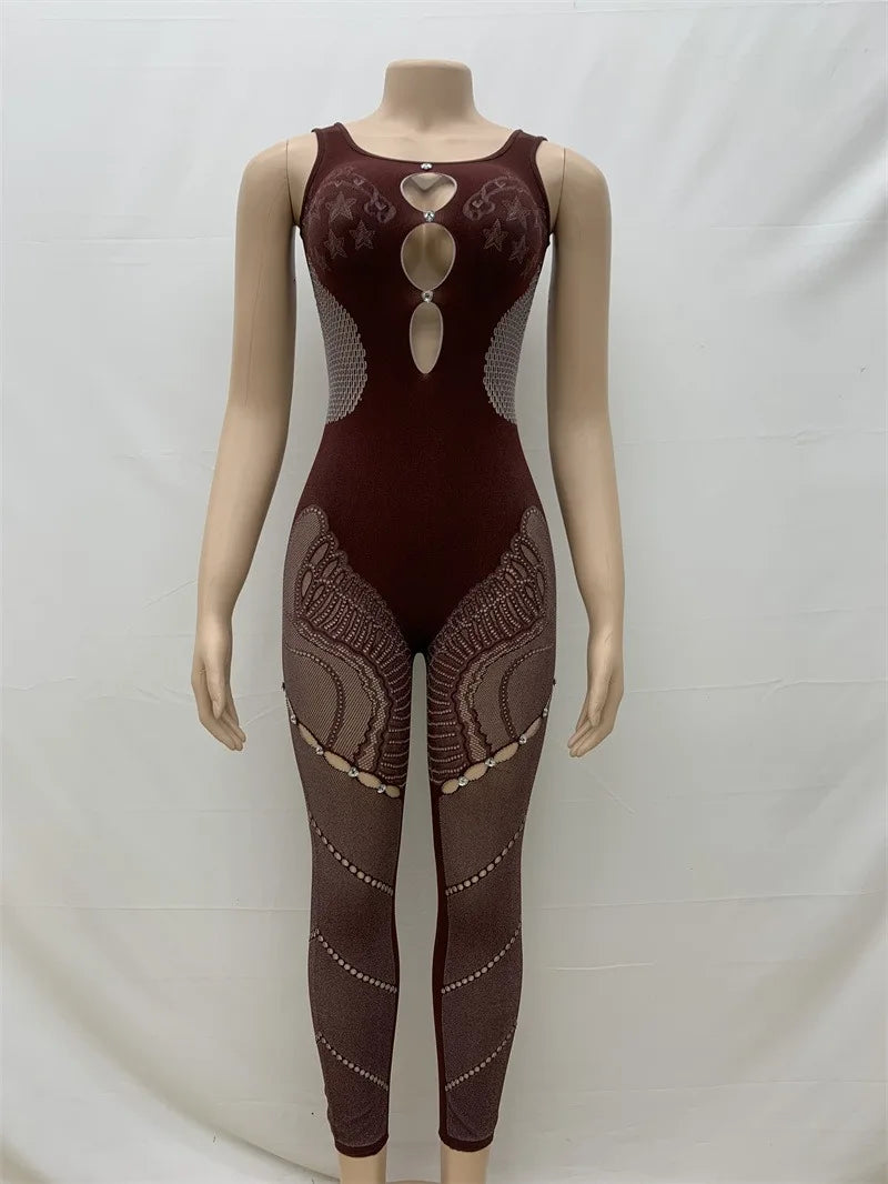 Hollow Out Rhinestones Patchwork Jumpsuit