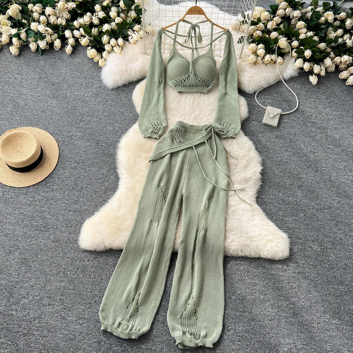 Knitting 3pcs Suits Halter Tank Top+Long Sleeve Cover Shirt+Wide Leg Pants  Sets