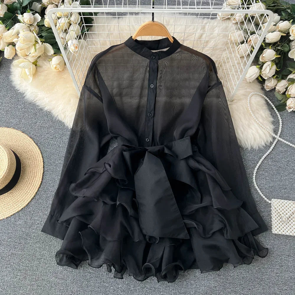 Chiffon Ruffle Edge Bow Tie Ruffle Blouse