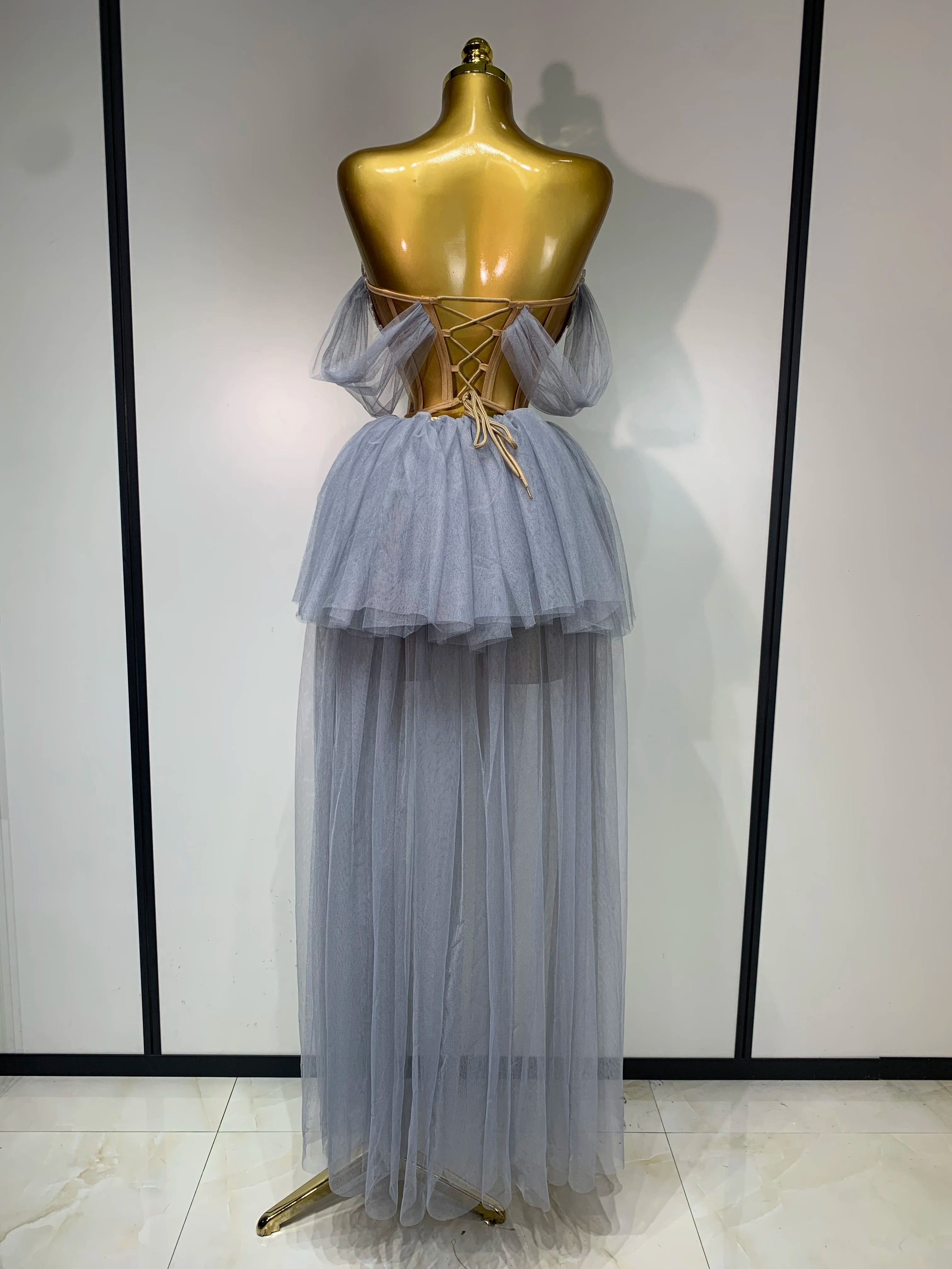 Backless Mesh Top Skirt Two Pieces Set Luxury Dress