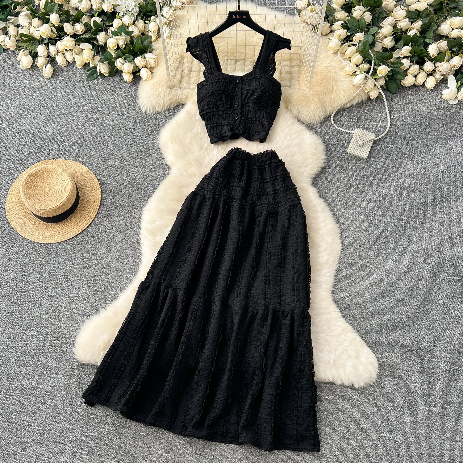 Casual Single Breasted Mini Camisole+Elastic Waist A Line Fold Slim Skirt Two Piece Sets