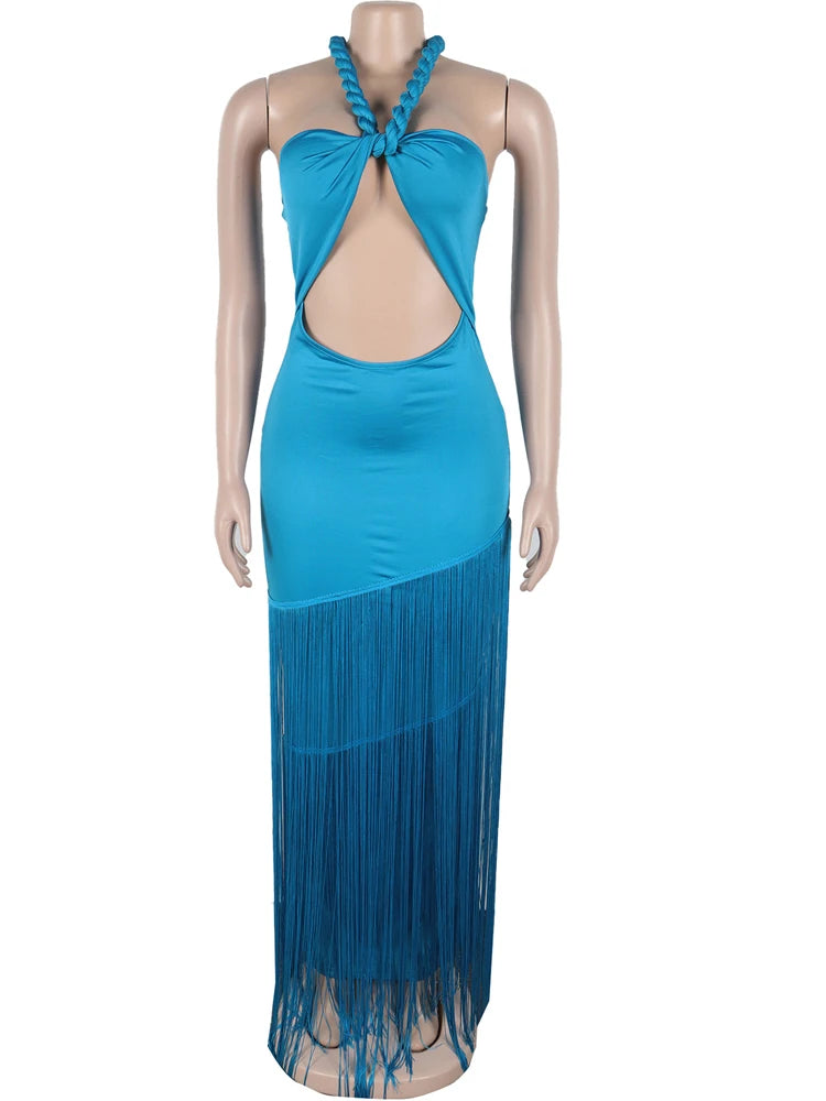 Halter Neck Cut-Out Tassels Night Out Dress