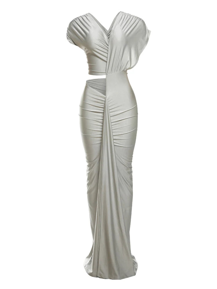 Irregular Hollow Ruched Diagonal Collar Shorts Sleeve Waistless Slits Bodycon Dress