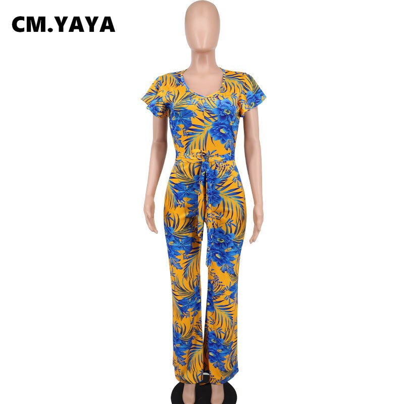 Floral Leaf Short Sleeve Tie Neck Backless Wide Leg Jumpsuit