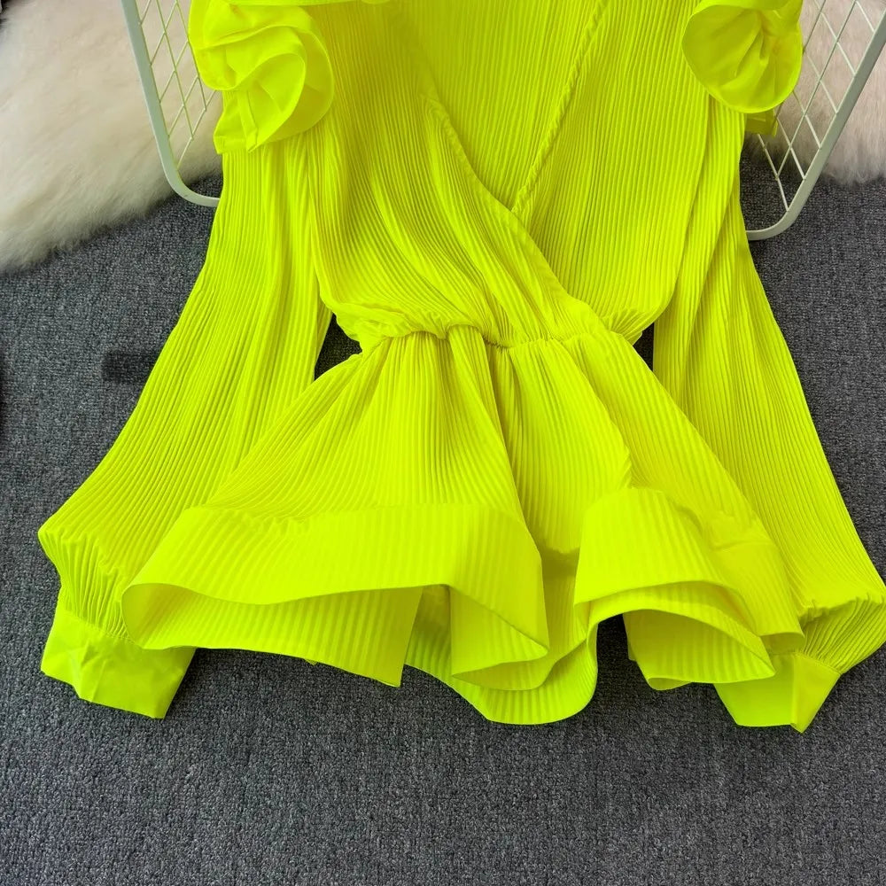 Long Sleeve Pleated V-Neck Flower Ruffles Blouse