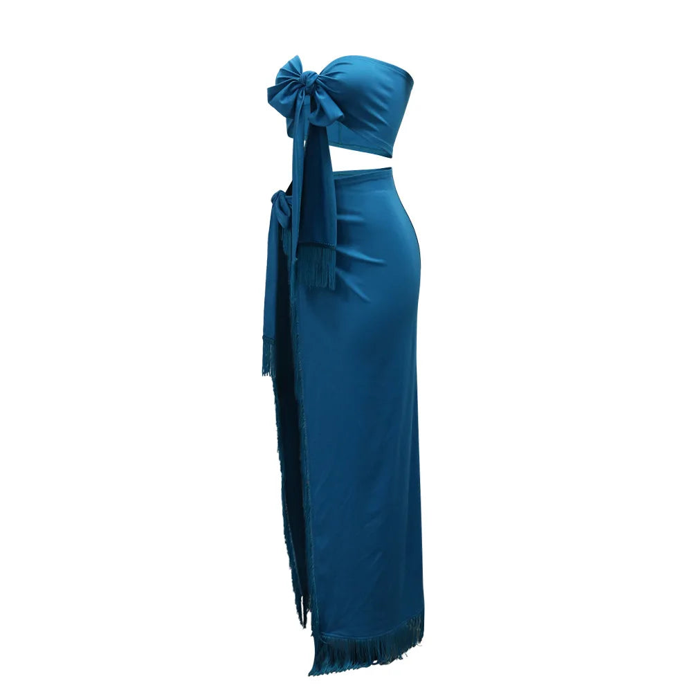 Strapless Crop Top + Ruched Split Tassel Long Skirts Two Piece Sets
