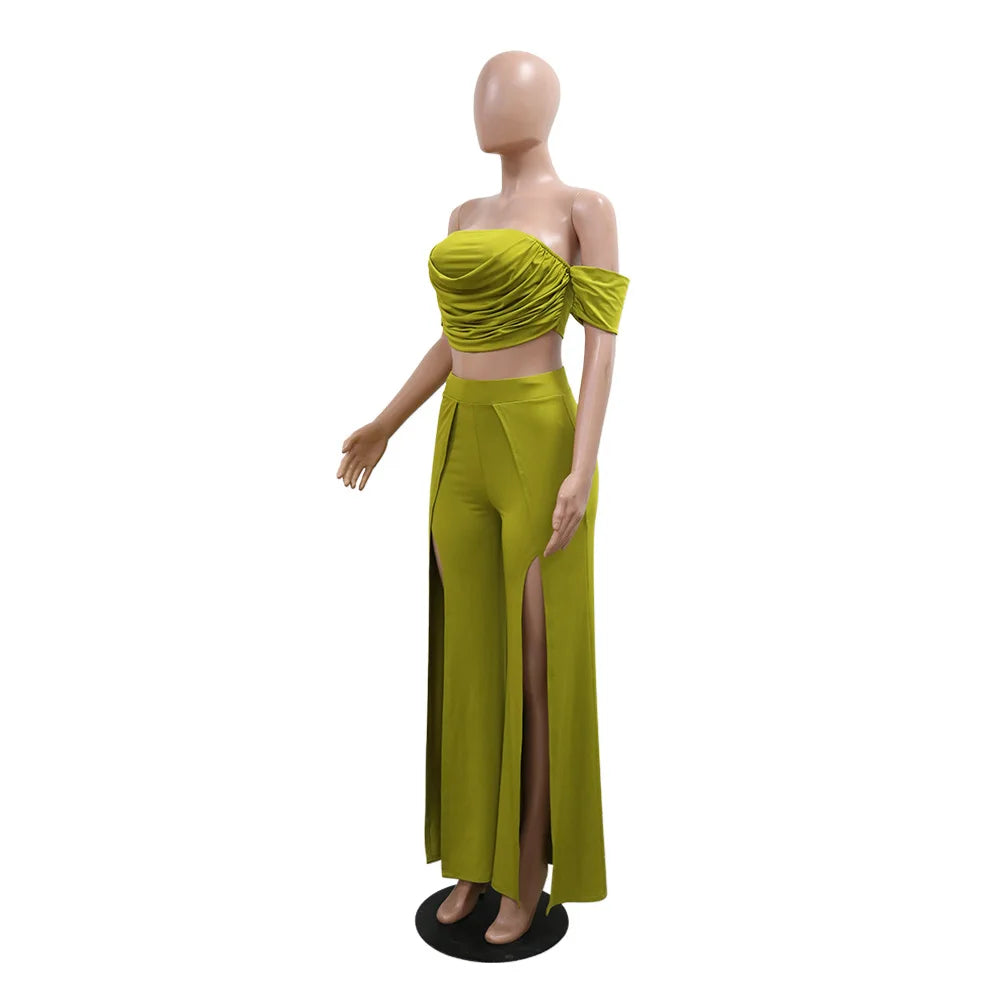 Short Sleeve Slash Neck Ruched Tops and Wide Leg split Pants Two 2 Piece Sets Outfit