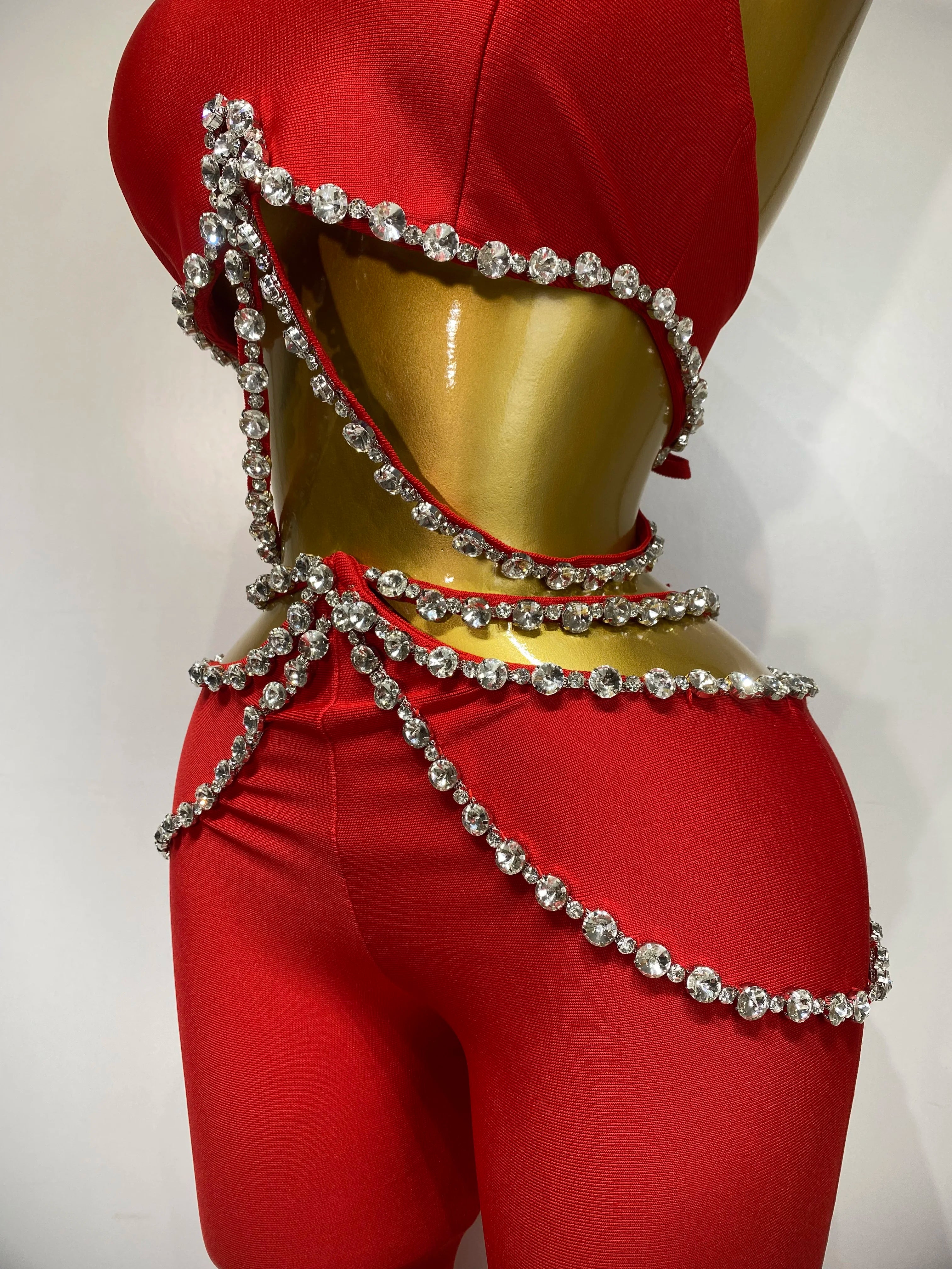 Luxury Rhinestone Cut Out Two Piece Pants And Top Bandage Set