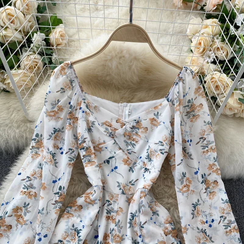 V-neck Puff Sleeves Folds Slim Floral Wide-leg Playsuit Jumpsuit