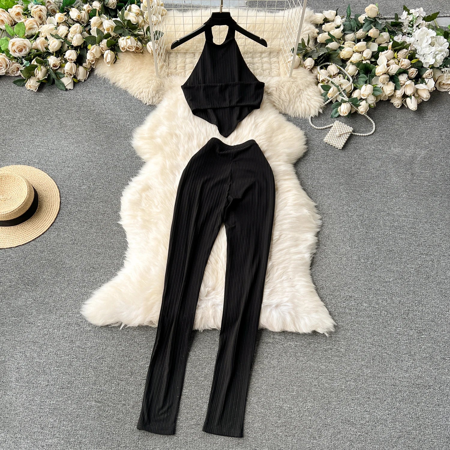 Two Pieces Suits Halter Backless Mini Tops+Long Pencil Pants Y2K Sets