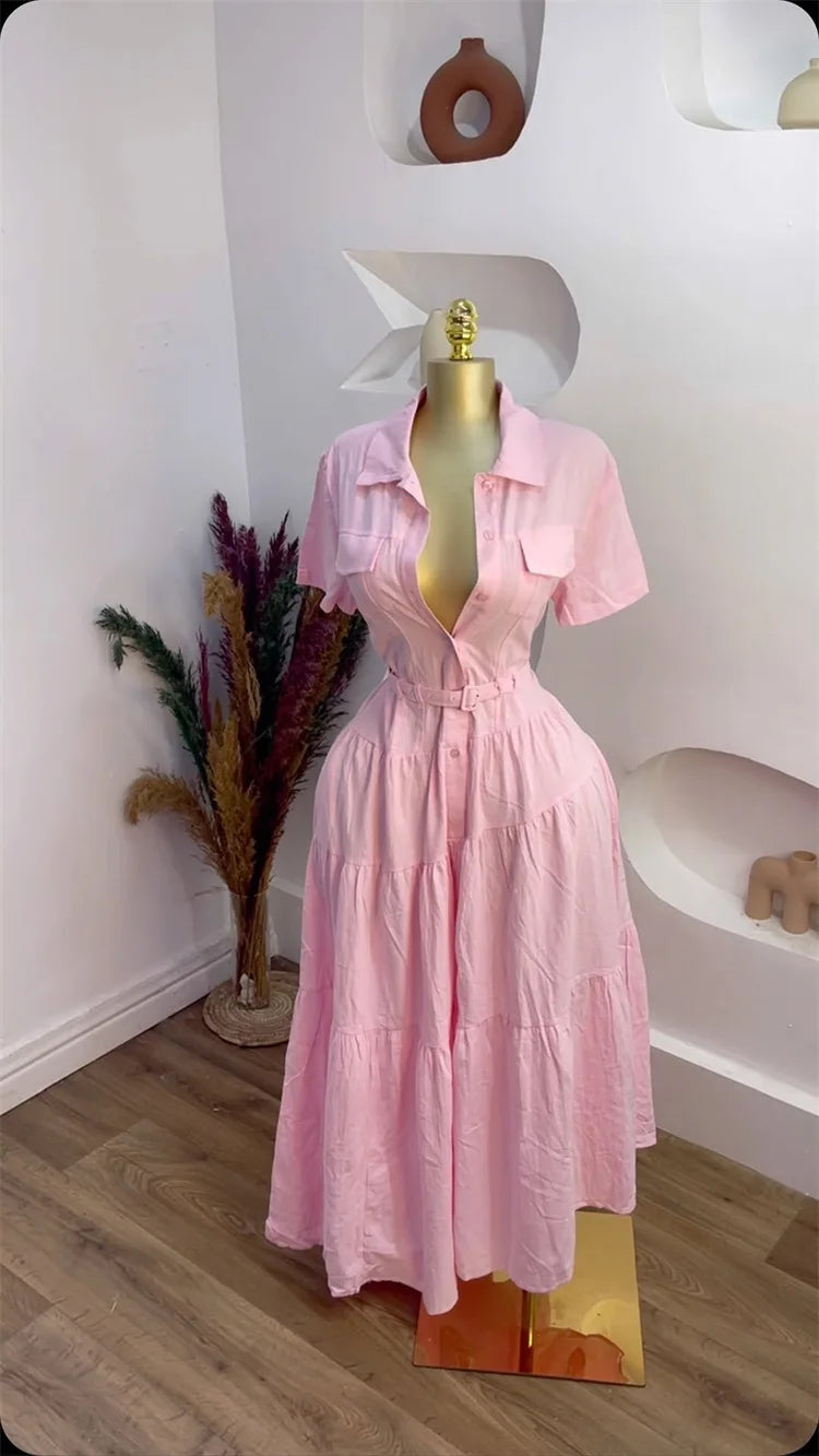 Short Sleeve Single Breasted Belt Long Maxi Dress